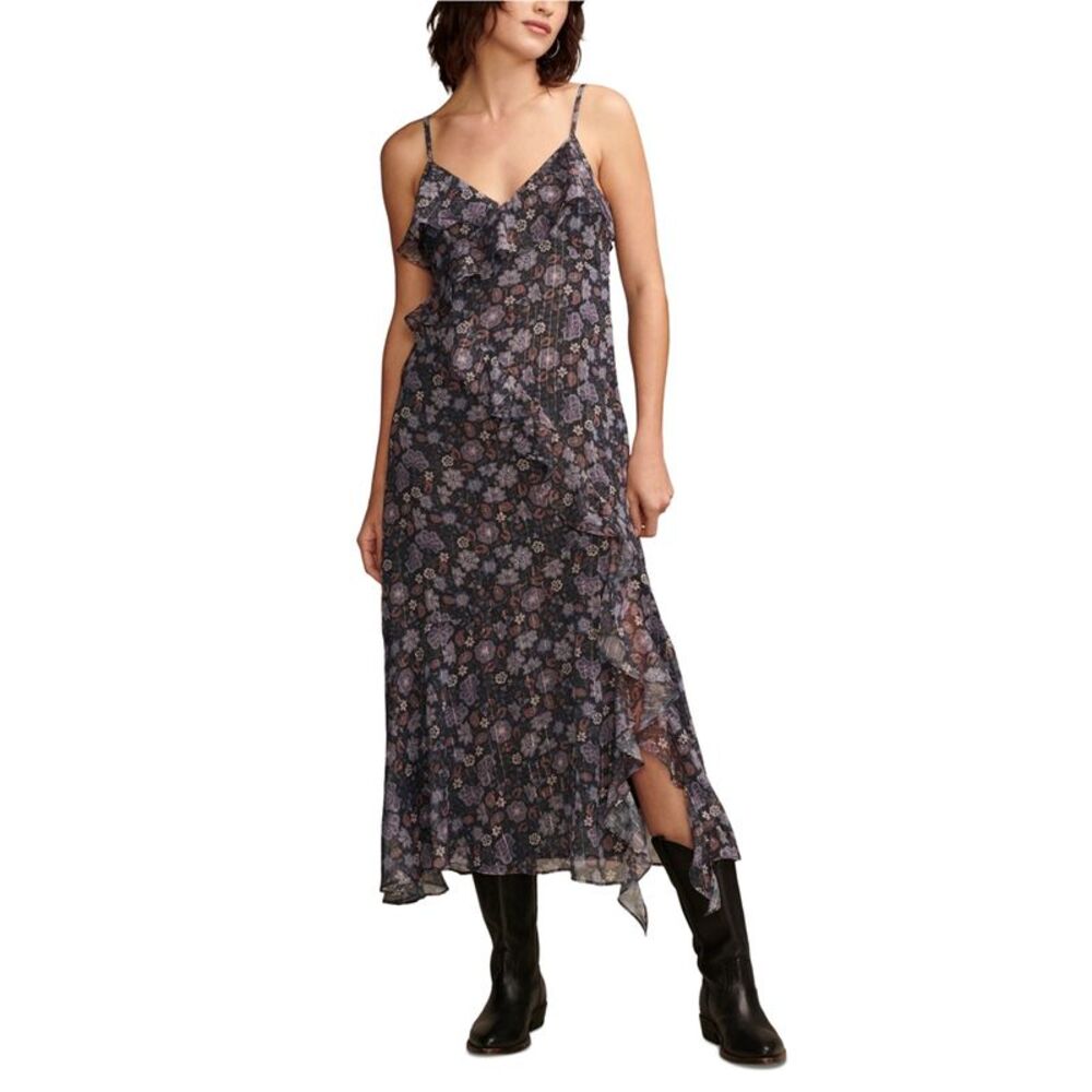 Lucky Brand Womens Floral Ruffle Midi Asymmetrical Dress, Multicoloured, 2XL, DM